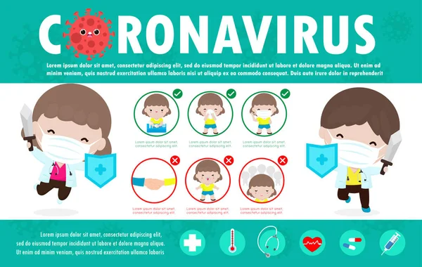 Coronavirus 2019-nCoV bilgileri. Belirtileri koronavirüs ve önleme ipuçları. CoVID-19 virüs salgını, Sağlık ve Sağlık. Virüs koruması. Doktor Vektör illüstrasyonunu önerdi ve korudu