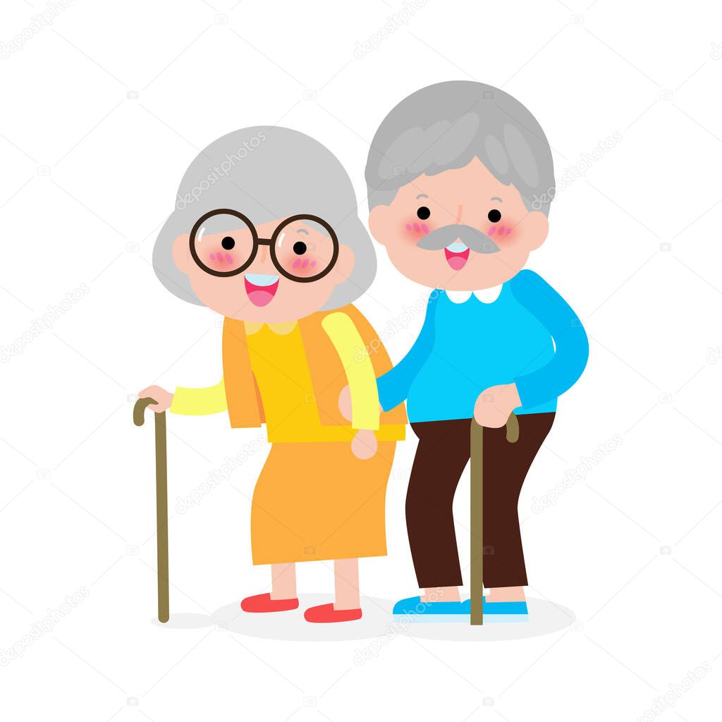 elderly couple holding hands, Happy grandparents, old people, senior in cartoon style isolated on white background Vector illustration