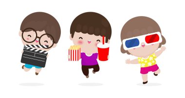 Çocuklar film izliyor, Mutlu çocuklar birlikte sinemaya gidiyor, film ve alkış ve patlamış mısır, çocuk 3 boyutlu film izliyor, sinema. Beyaz arkaplan Vektör Resimlerinde izole edildi