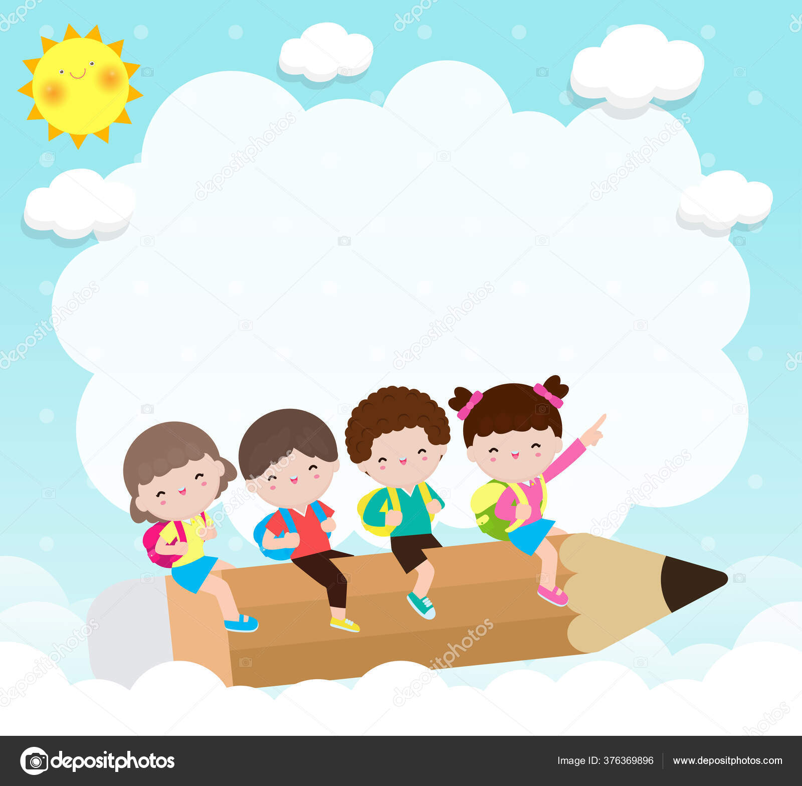 Back School Group Cartoon Children Flying Pencil Kids Riding Big Stock  Vector Image by ©phanuchat10700@ #376369896