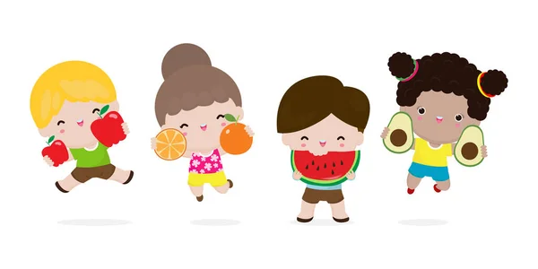 Group Happy Kids Jumping Fruits Cute Cartoon Children Eating Avocado — Stock Vector