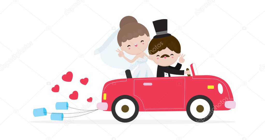ust married couple in wedding car, bride and groom on a roadtrip in car  after wedding ceremony , cartoon married character design isolated on white background Vector Illustration.