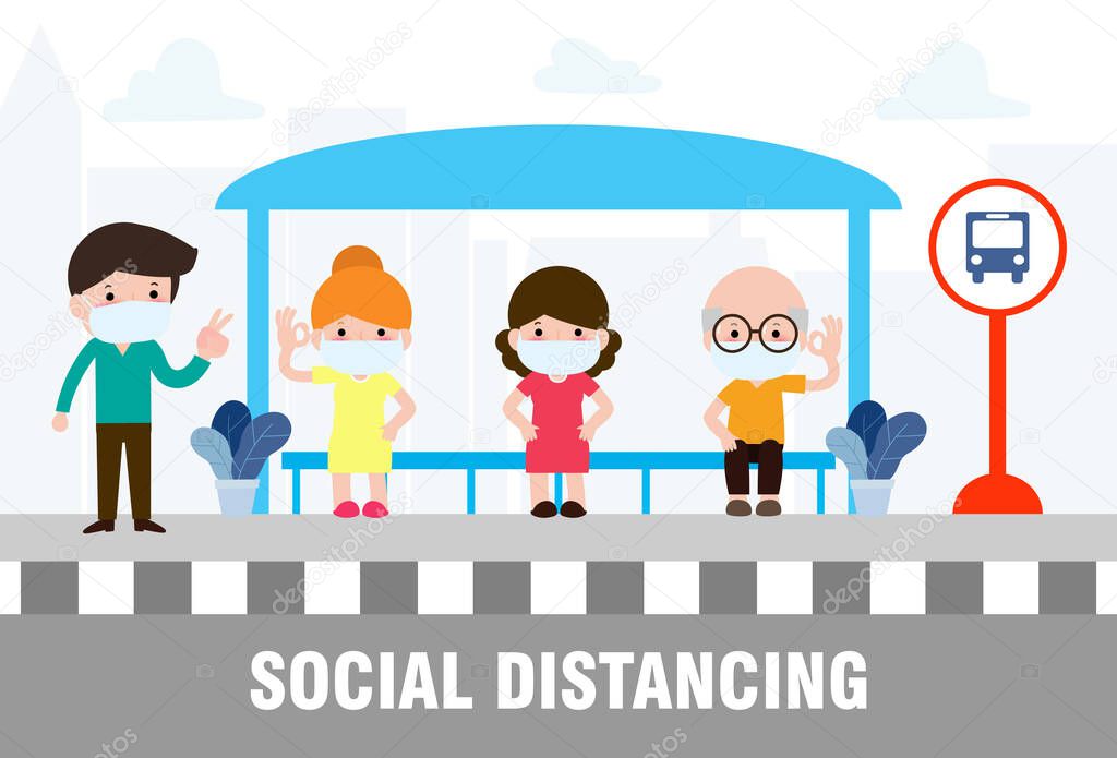 Social distancing concept with people wearing medical masks at the bus stop during Coronavirus or covid-19. outbreak new normal lifestyle. avoid spreading illness of COVID-19.vector illustration.