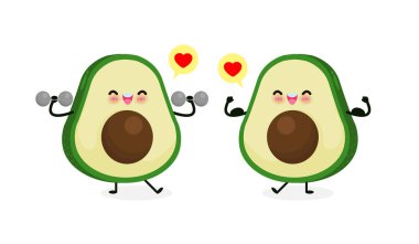 Dambıl ve avokado gösterisiyle egzersiz yapan sevimli, mutlu bir avokado. Sağlıklı besin ve sağlık ürünleri yemek, beyaz arka plan vektör illüstrasyonunda izole edilmiş komik meyve karakter spor konsepti