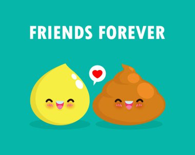 Cute happy poop and urine drop funny Cartoon character. Image smile cartoon urinating and shit. best friends emoji poop and toilet  Isolated on background vector Illustration in flat