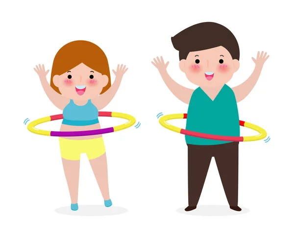 卡通人物夫妇做呼啦圈 男人和女人做呼啦圈练习 玩呼啦圈的人 体重减轻的概念 健康和健康在白色背景说明中孤立 — 图库矢量图片