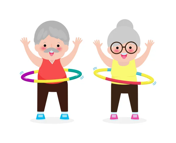Netter Cartoon Senior Paar Macht Hula Hoop Ältere Menschen Übungen — Stockvektor
