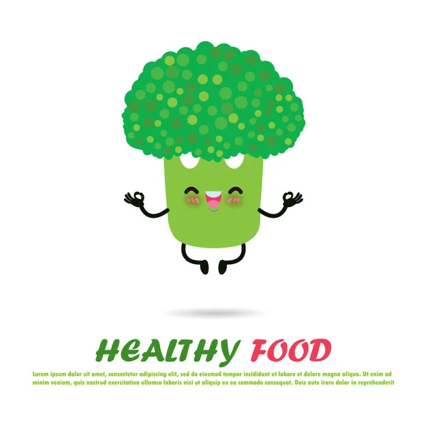 Lindo Brócoli Dibujos Animados Pose Yoga Comer Alimentos Saludables Fitness — Vector de stock