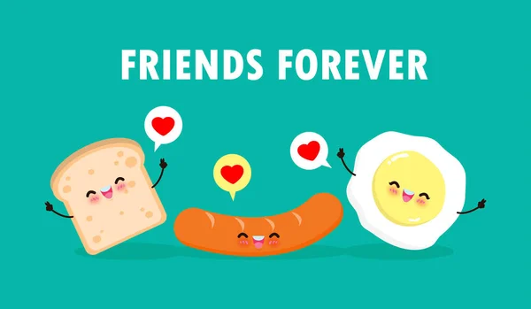 Cute Cartoon Happy Egg Sausage Toast Breakfast Funny Characters Best — Stock Vector