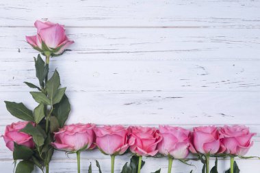 Pembe Gül çiçek kopya alanı ile beyaz ahşap zemin üzerinde. Üstten Görünüm