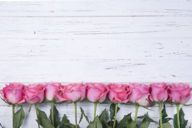 Pembe Gül çiçek kopya alanı ile beyaz ahşap zemin üzerinde. Üstten Görünüm