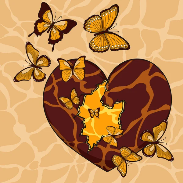 Illustration mit gebrochenem Herzen und Schmetterlingen — Stockvektor