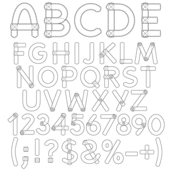 Buchstaben, Zahlen und Zeichen aus Stoff. isolierte Objekte auf weiß — Stockvektor