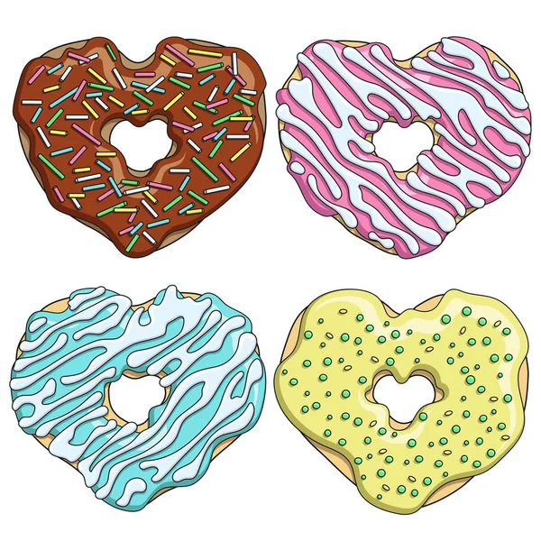 Набір барвистих смачних пончиків у формі серця — стоковий вектор