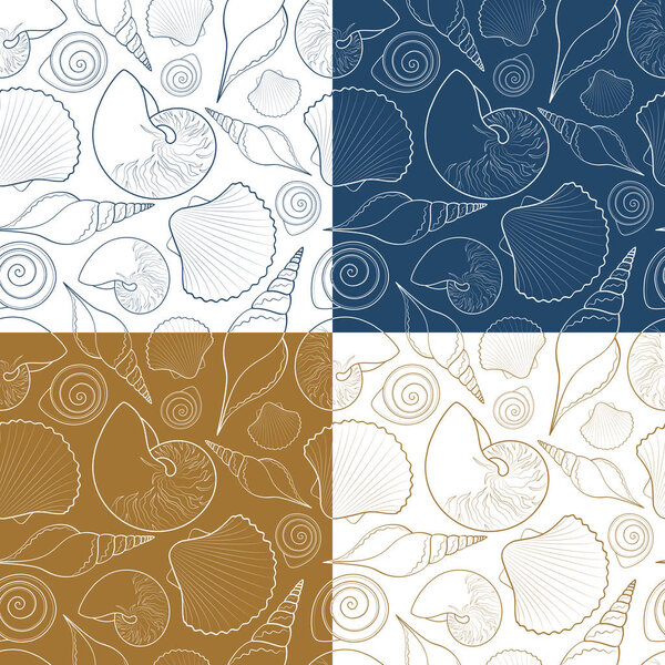 Набор векторных летних бесшовных узоров с морскими раковинами
