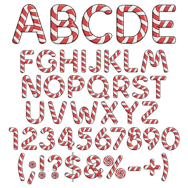 Alphabet, chiffres et signes de bonbons rouges — Image vectorielle