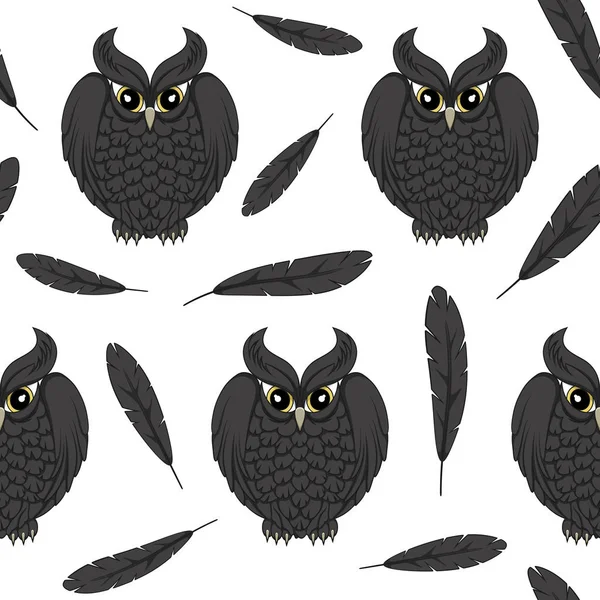 Naadloos, vector patroon met zwarte uilen en veren — Stockvector