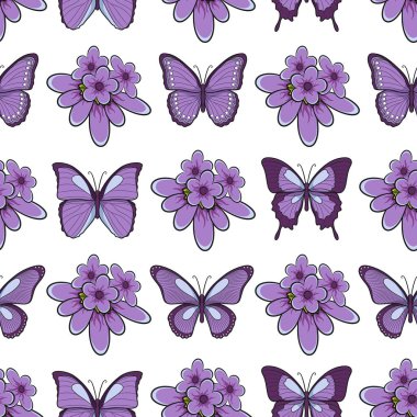 Lavanta çiçekler ve kelebekler ile Seamless modeli. İzole vektör nesneleri.