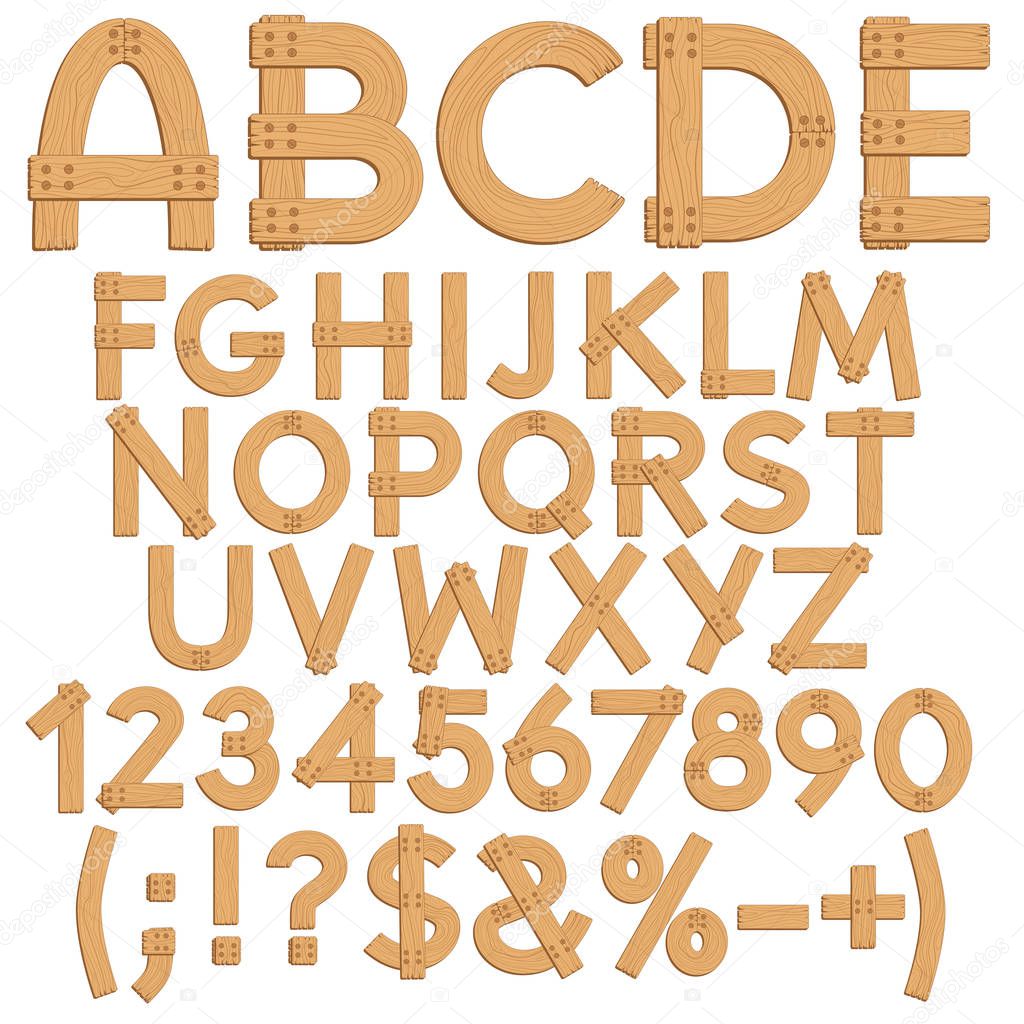 Alphabet, letters, numbers and signs from wooden boards. Isolated vector objects.