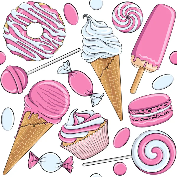 Seamless pattern with pink and white sweets — Stock Vector