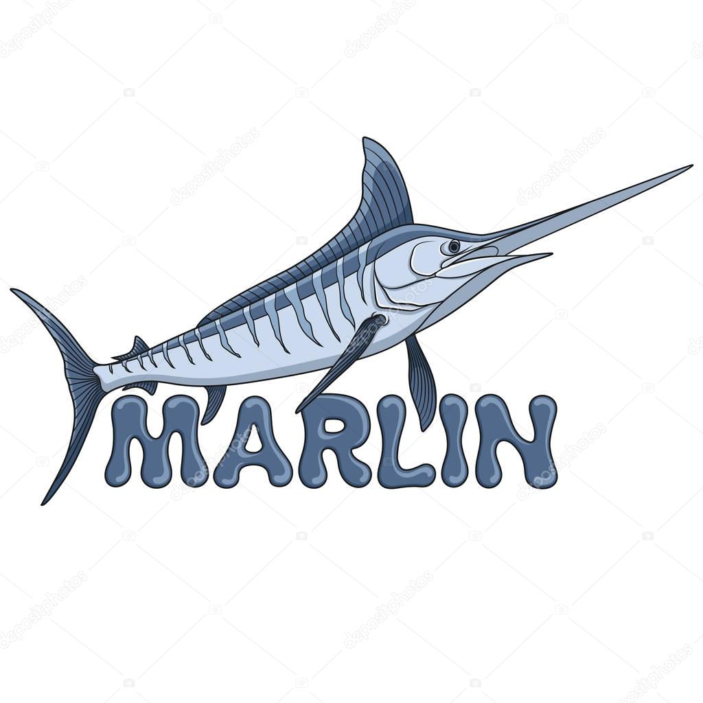 Colored illustration of a marlin fish and an inscription. Isolated vector objects.
