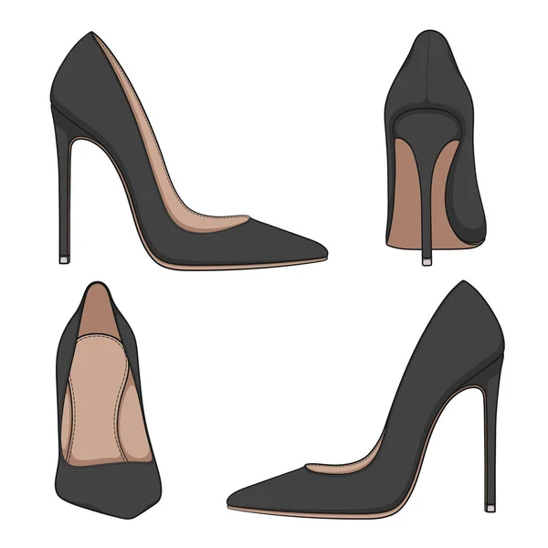 Female black classic shoes with heels. Set of vector color illustrations. — Stock Vector