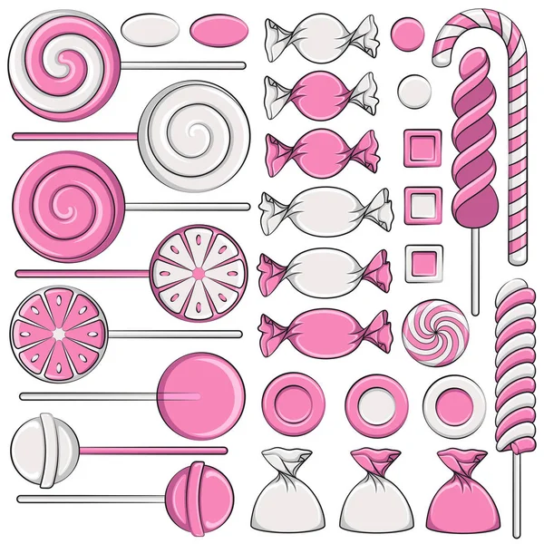 Conjunto de ilustraciones a color con dulces de color rosa. Objetos vectoriales aislados . — Archivo Imágenes Vectoriales