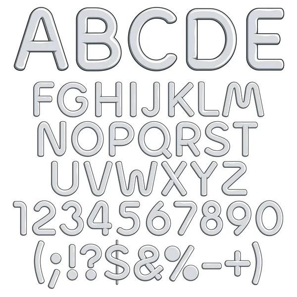 Alphabet argenté, lettres, chiffres et signes. Objets vectoriels isolés . — Image vectorielle