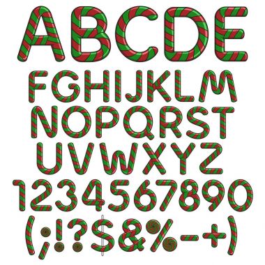 Alfabe, harfler, sayılar ve Noel kırmızı ve yeşil tatlılar işaretleri. İzole vektör nesneleri.