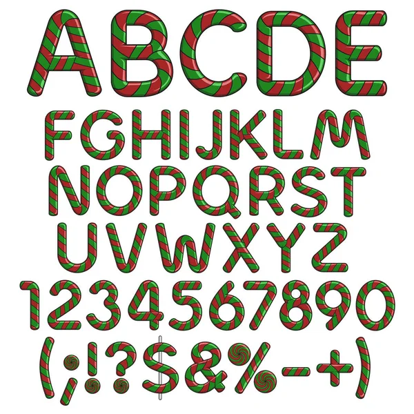 Alfabe, harfler, sayılar ve Noel kırmızı ve yeşil tatlılar işaretleri. İzole vektör nesneleri.