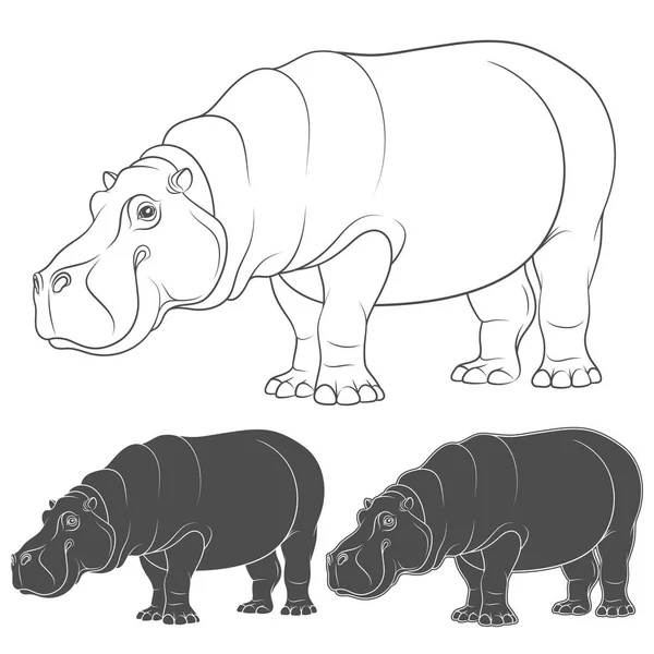 Zestaw czarno-białe ilustracje z hipopotam. Obiekty wektorowe na białym tle. — Wektor stockowy