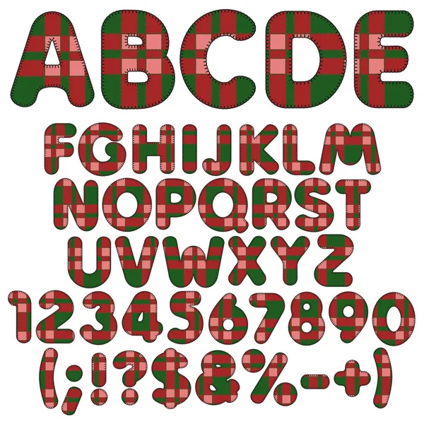 Harfler, sayõlar ve keçe kumaş tartan işaretleri. İzole vektör nesneleri renkli.