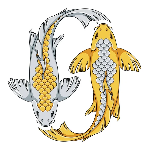 Ilustración en color con peces carpa koi de oro y plata. Objetos vectoriales aislados . — Vector de stock