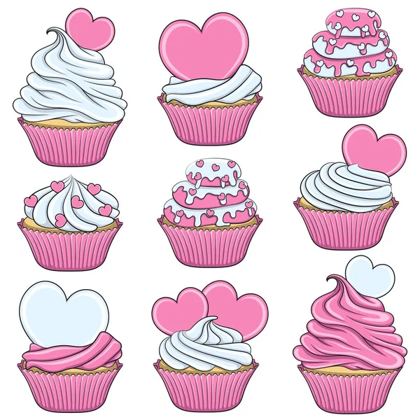 Conjunto Cupcakes Vetoriais Coloridos Com Corações Objetos Isolados Sobre Branco — Vetor de Stock