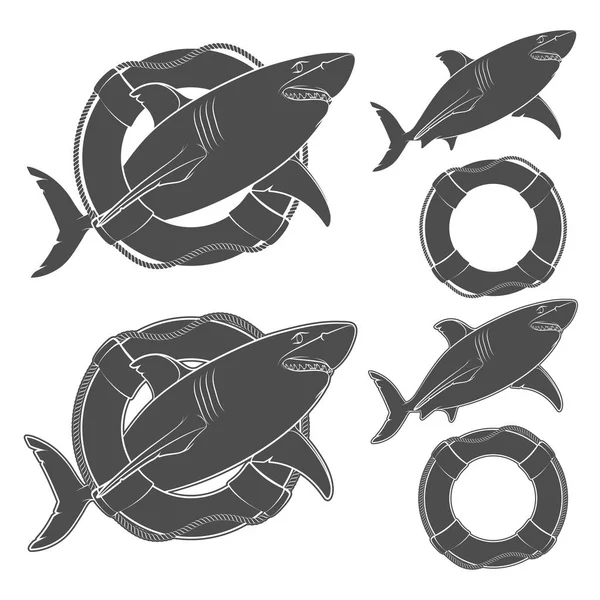 生存線では黒と白のイラスト サメのセットです 白い背景の分離ベクトル オブジェクト — ストックベクタ