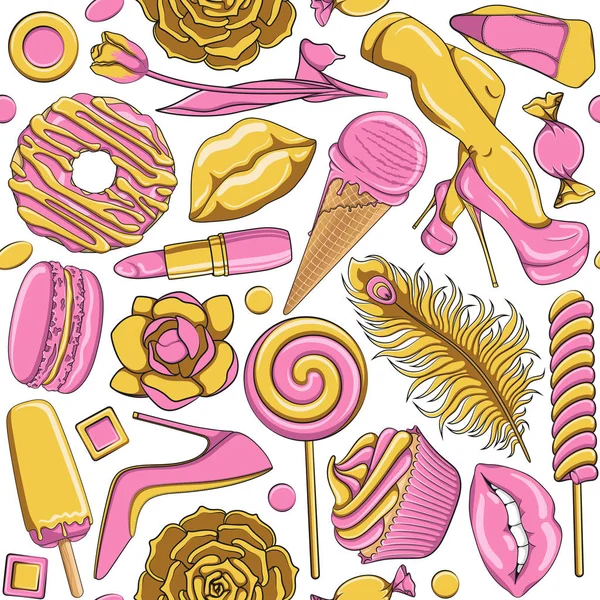 ゴールドとピンクの華やかな女性のイラストのパターンです 色ベクトルのシームレス パターン — ストックベクタ