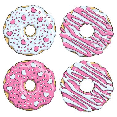 Pembe ve beyaz donuts kümesi kalpleri ile dekore edilmiştir. Beyaz arka plan üzerinde izole vektör nesneleri.