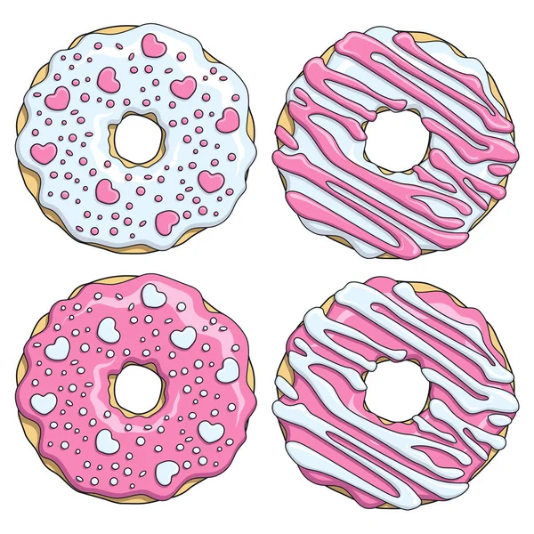 Set Rosquillas Rosadas Blancas Decoradas Con Corazones Objetos Vectoriales Aislados — Vector de stock