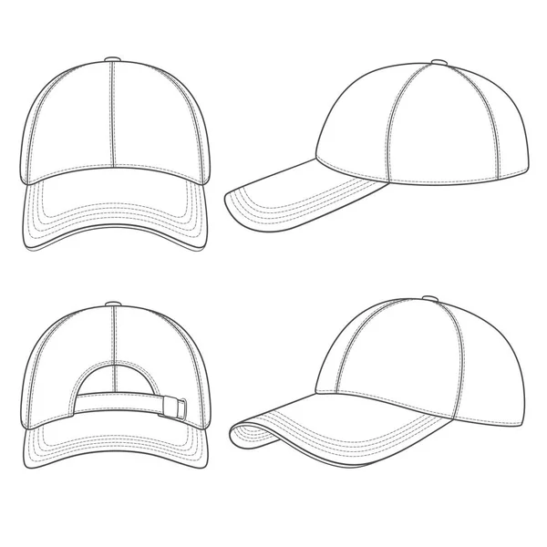 Beyzbol şapkalı siyah beyaz çizimler. Beyaz arkaplandaki izole vektör nesneleri.