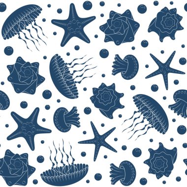 Deniz yıldızı, deniz kabuklarını ve denizanası arka plan. Sorunsuz vektör desen.