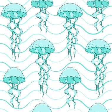 Denizanası ve dalgalar ile Seamless modeli. Vektör deniz yaz arka plan.