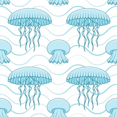 Denizanası ve dalgalar ile Seamless modeli. Vektör deniz yaz arka plan.