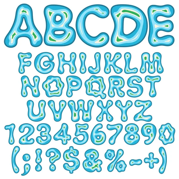 Alphabet Buchstaben Zahlen Und Zeichen Form Einer Insel Meer Isolierte — Stockvektor