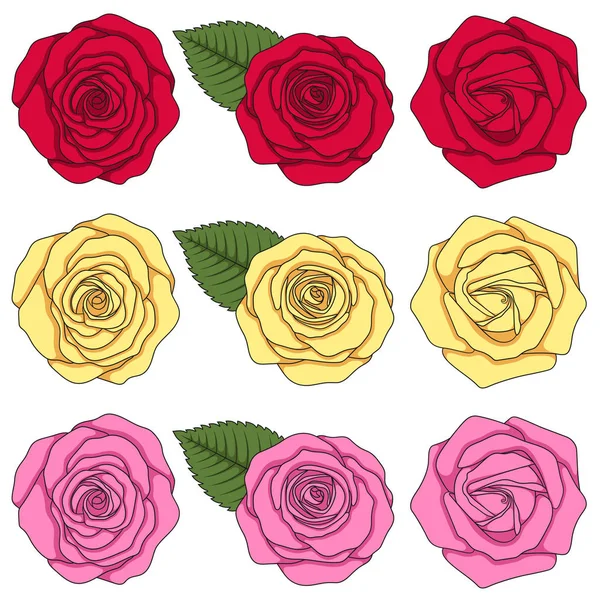 Conjunto Ilustraciones Color Con Rosas Hojas Objetos Vectoriales Aislados Sobre — Vector de stock