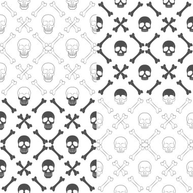 Kafatası ve kemikler ile Dikişsiz desen seti. Vektör siyah ve beyaz arka planlar.
