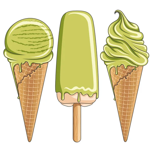 一套彩色插图与美味的开心果冰淇淋 白色背景上的孤立矢量对象 — 图库矢量图片