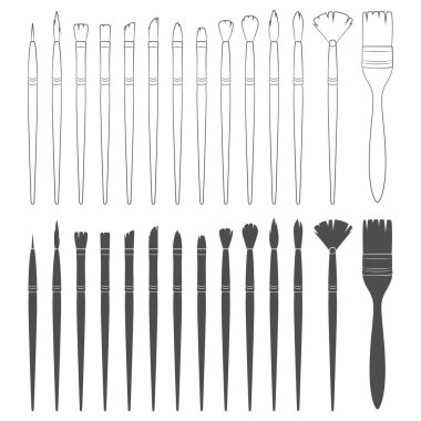 Resim için fırçaları olan siyah beyaz çizimler. Beyaz arkaplandaki izole vektör nesneleri.