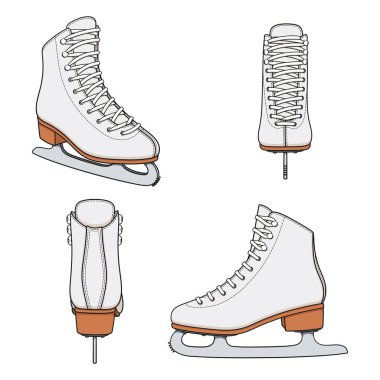 Artistik patinaj için beyaz patenli renkli resimler. Beyaz arkaplandaki izole vektör nesneleri.
