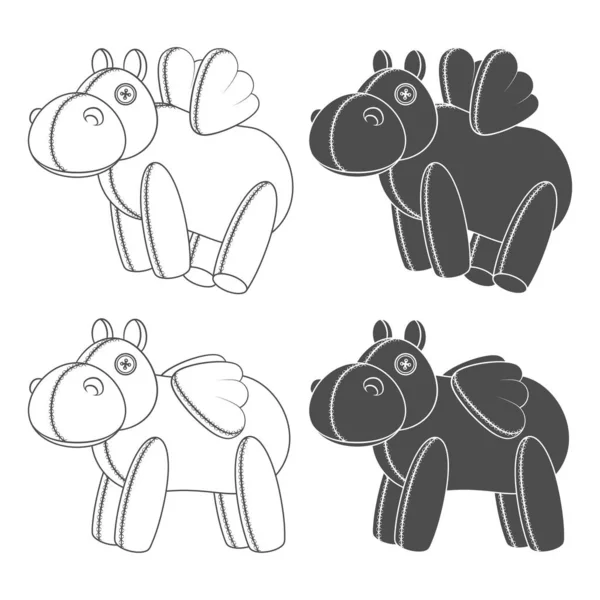 Set Van Zwart Wit Illustraties Met Een Speelgoed Nijlpaard Met — Stockvector