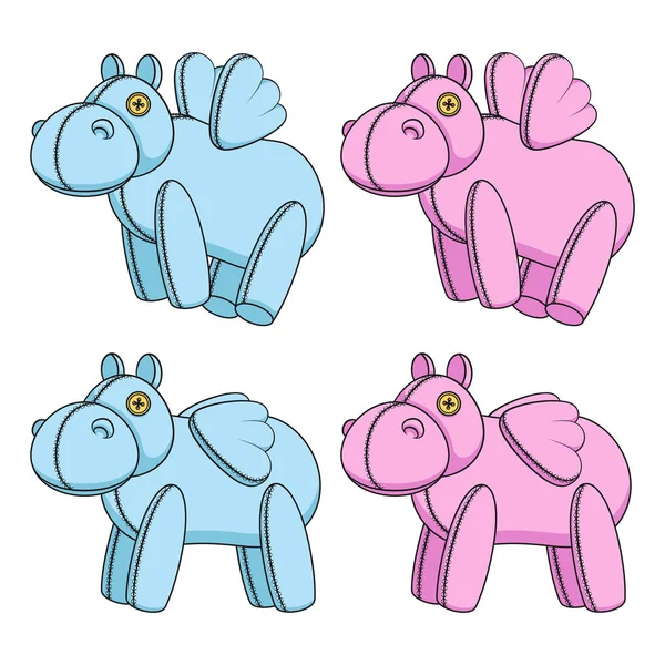 Zestaw Kolorowych Ilustracji Różowymi Niebieskimi Hipopotamami Zabawki Skrzydłami Odizolowane Obiekty — Wektor stockowy